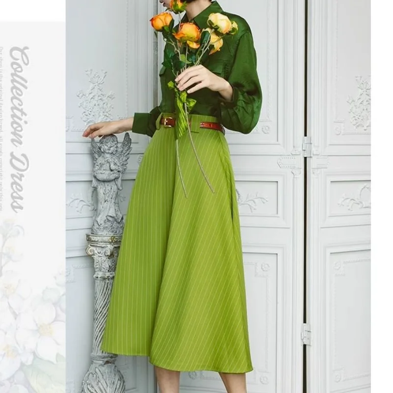 New Fashion Striped Skirt Women Spring Autumn High Waist A-line French Vintage Office Lady Midi Skirts Women's Clothing