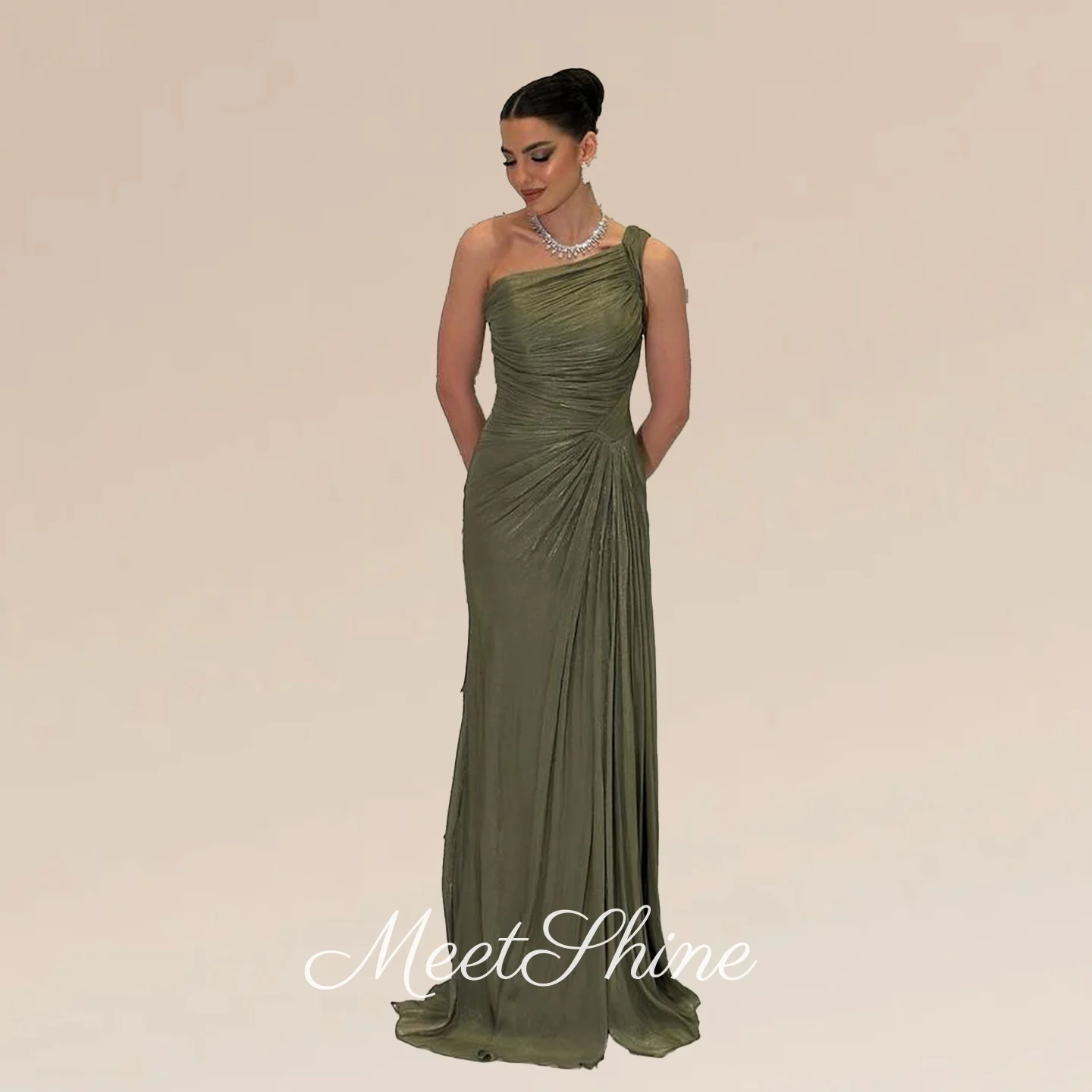 

Elegant Green One Shoulder Evening Dresses Dubai Sleeveless Pleated Sweep Train Prom Dress Saudi Arabia Party Dress Customized