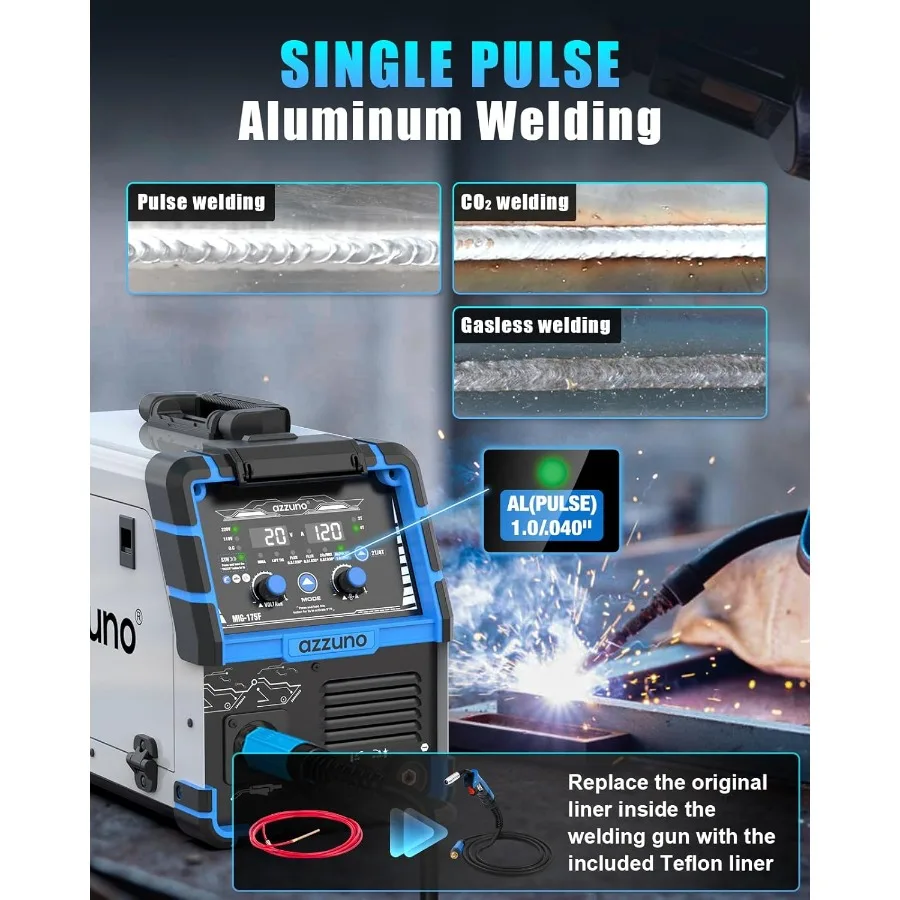 175Amp 110V 220V Single PULSE Aluminum MIG Welder Machine with PULSE Aluminum MIG/Flux MIG/Gas MIG/Stick/Lift TIG Welding 5-in-