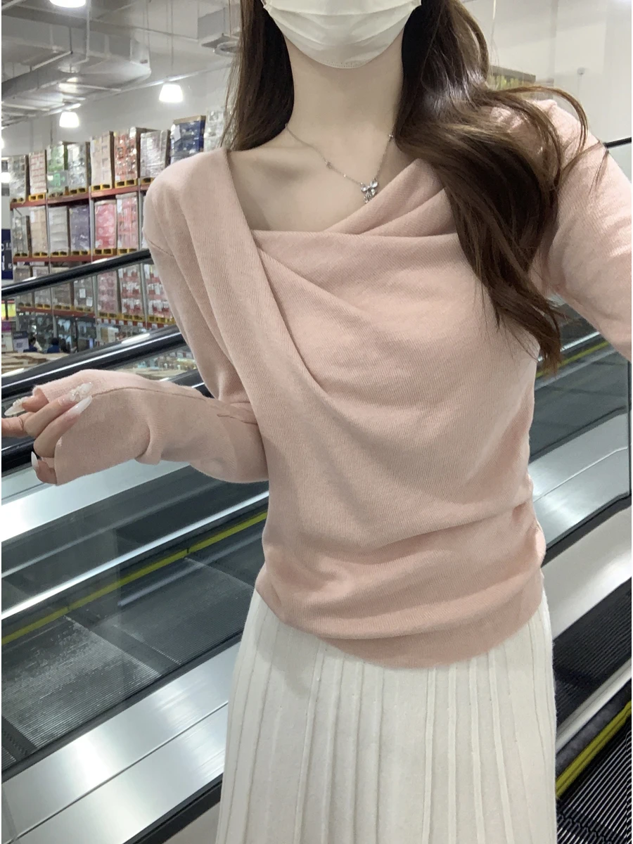 

Весна 2026: Женский вязаный топ с длинным рукавом, драпировкой и сборками, комфортный крой, базовая модель для повседневной носки, премиум-качество