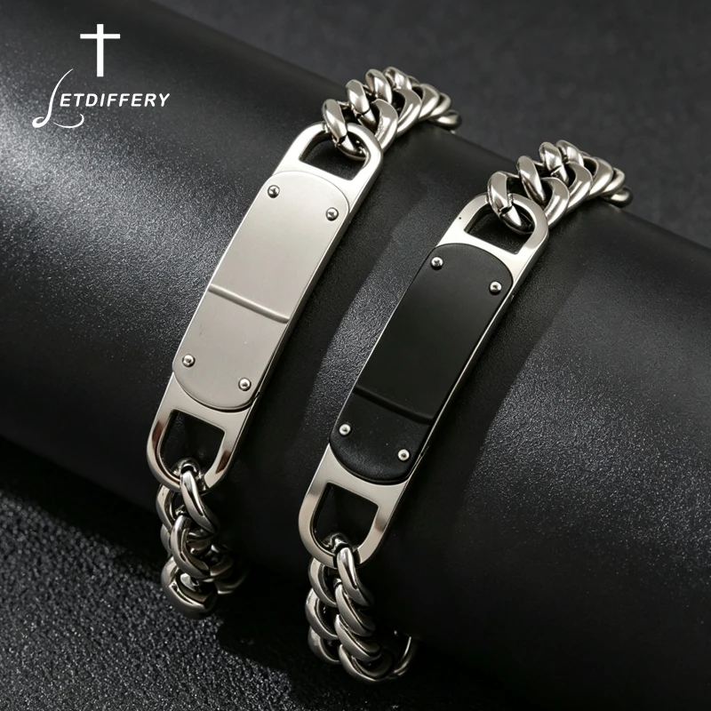 Letdiffery Men's Cuban Chain Bracelet Stainless Steel Casual Thick Chain Flat ID Tag Wrist Bracelet for Men Daily Punk Jewelry