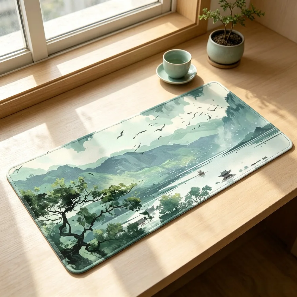 Green Lake Mountain Ancient Pavilion Gaming Mouse Pad, Made of Premium Micro Woven Fabric, Features Reinforced Stitched Edges