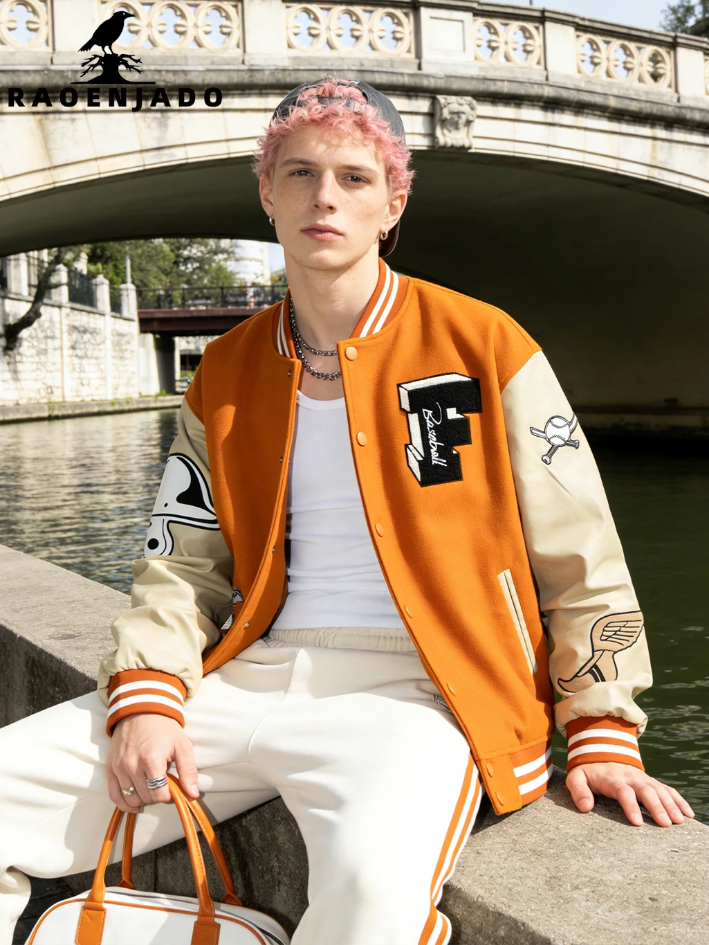 Mens Letterman Varsity Jacket Vintage Baseball Coat Colorblock Outerwear with Fine Embroidery and Faux Leather Sleeves