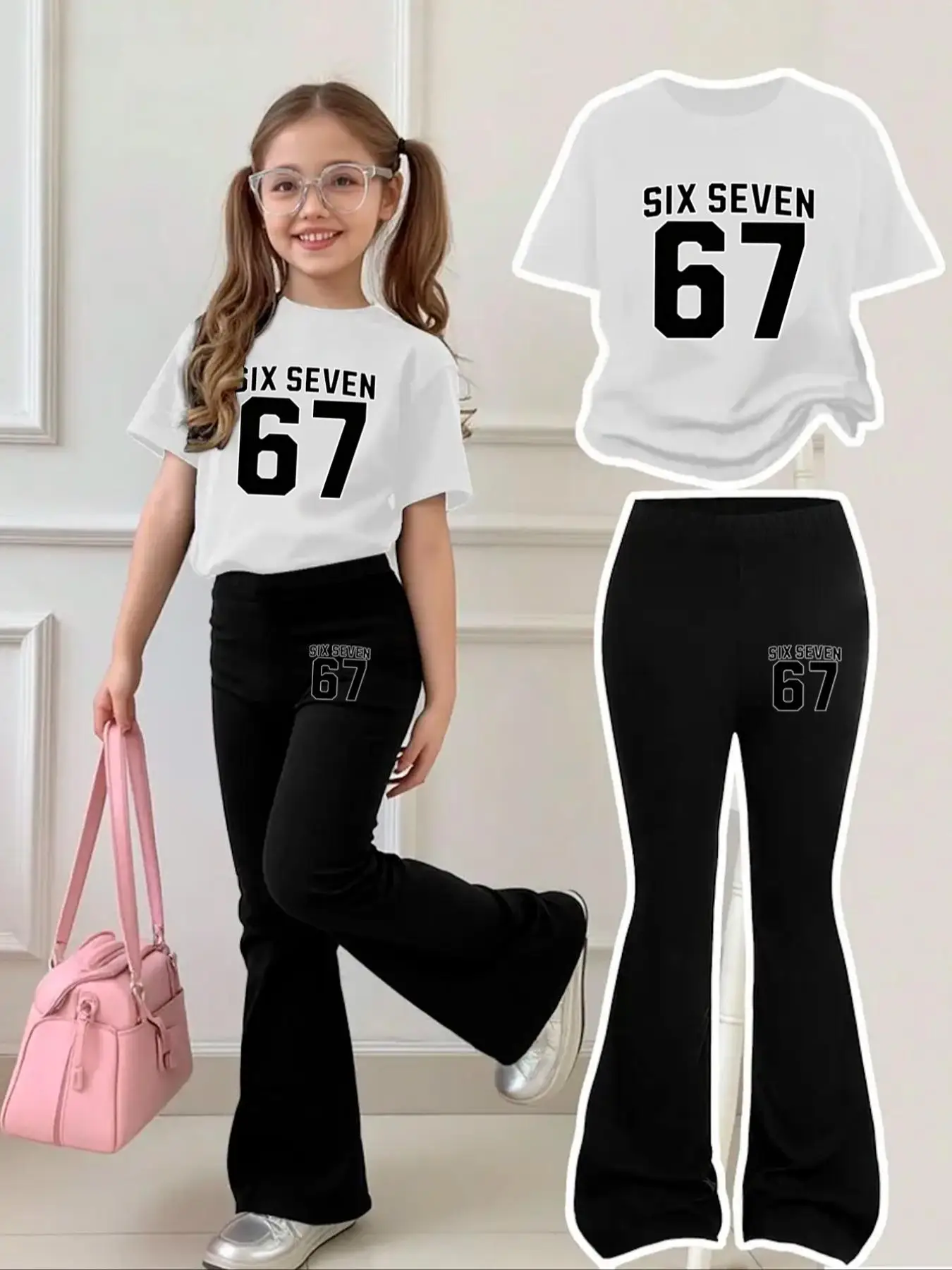 Kinderbekleidung Kurzarm-Set für Mädchen im Alter von 4–12 Jahren, süßes und cooles Rosa und Schwarz, Kurzarm-Schlaghosen mit 67 Buchstaben und Zahlen, beide Hosen und Kurzarmhemden mit Six Seven Print