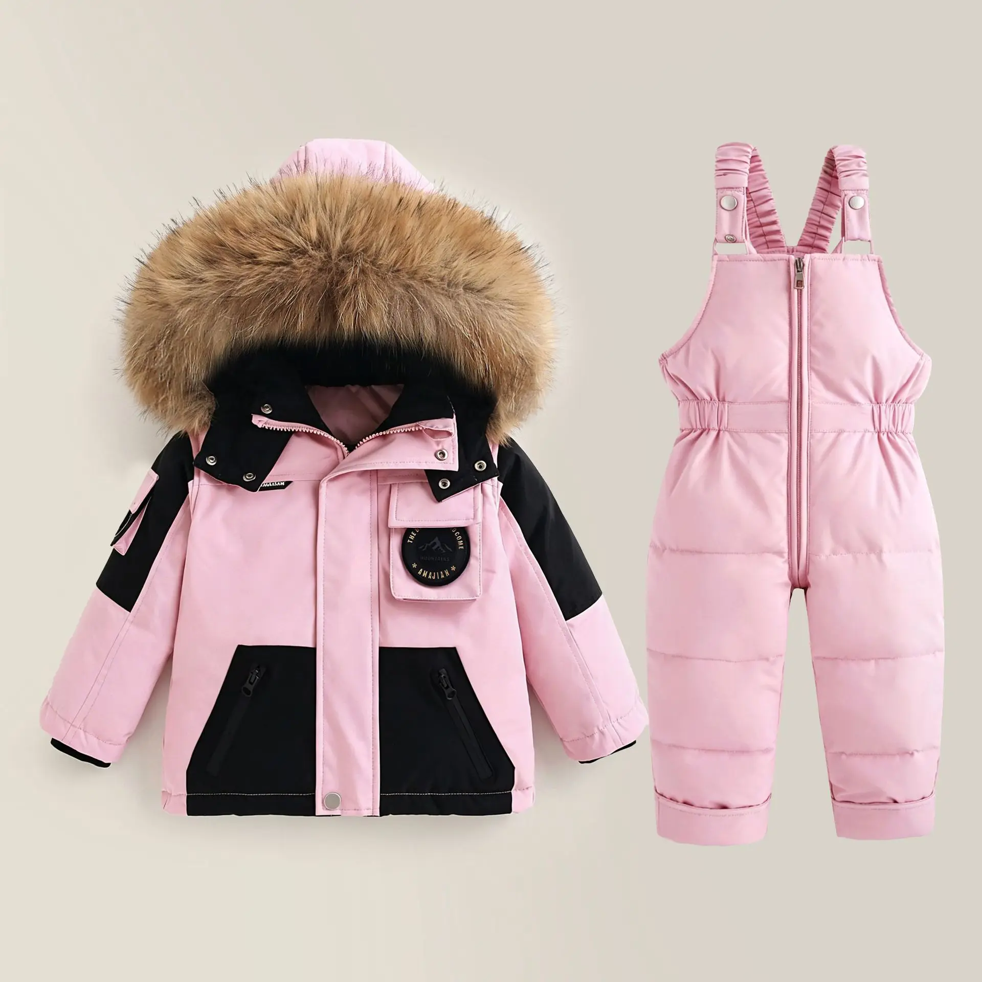 2026 New Snow Winter Warm 2 3 4 5 6 Year Children Thicken Fur Hooded Jacket+Overalls Suit 2Pcs Duck Down Set for Kids Girls Boys