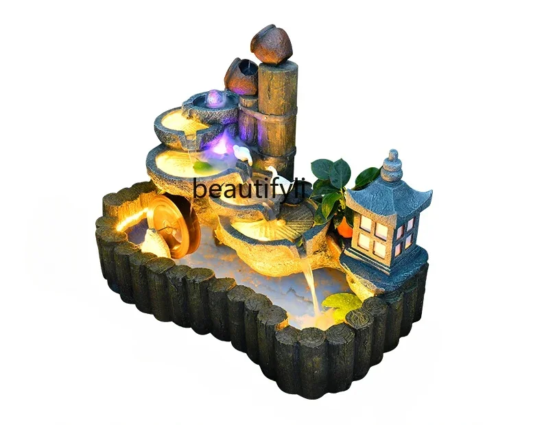 

Courtyard Balcony Water Fountain Floor Ornaments Rockery Pastoral Fish Pond Clay Pot Water Wheel Circulation decoration