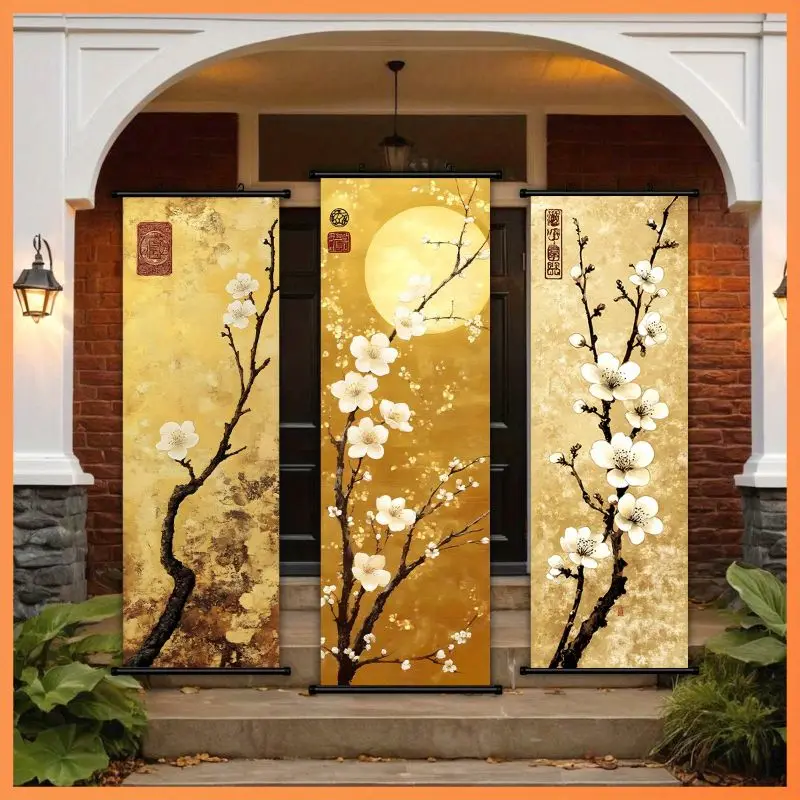 VIKAMA Golden Plum Branch Wall Tapestry Full Moon Stamp Chinese Luxury Scroll Art Home Decor Vintage Style Soft Durable Cozy