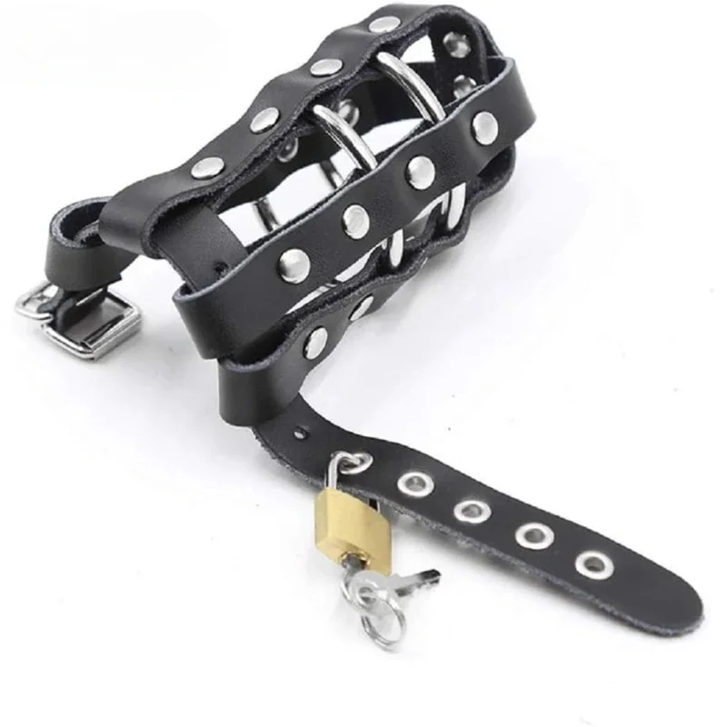 

Fetish Leather Penis Locks Adjustable Buckle Cock Cage Metal Locked Penis Ring Chastity Device Adult Sex Game for Men Gay