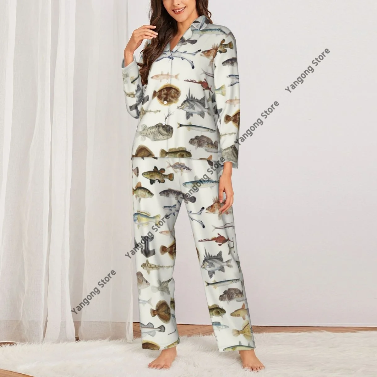 Women's Pajamas Long-sleeved Girl Loungewear Two-piece Set Fish Drawing Collection Pajamas for Autumn Spring