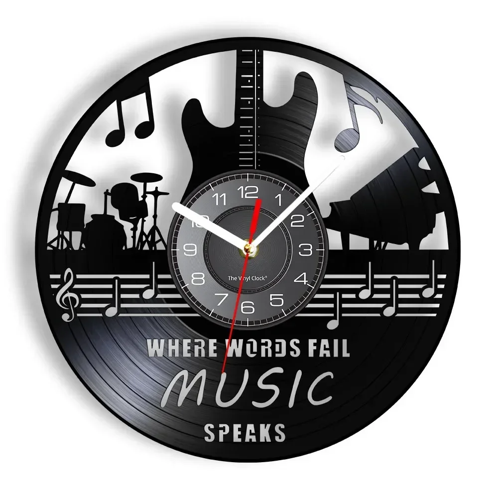 Where Words Fail Music Speaks Musical Quote Wall Art Vinyl Record Wall Clock Guitar Decorative LP Clock Rock N Roll Music Gift