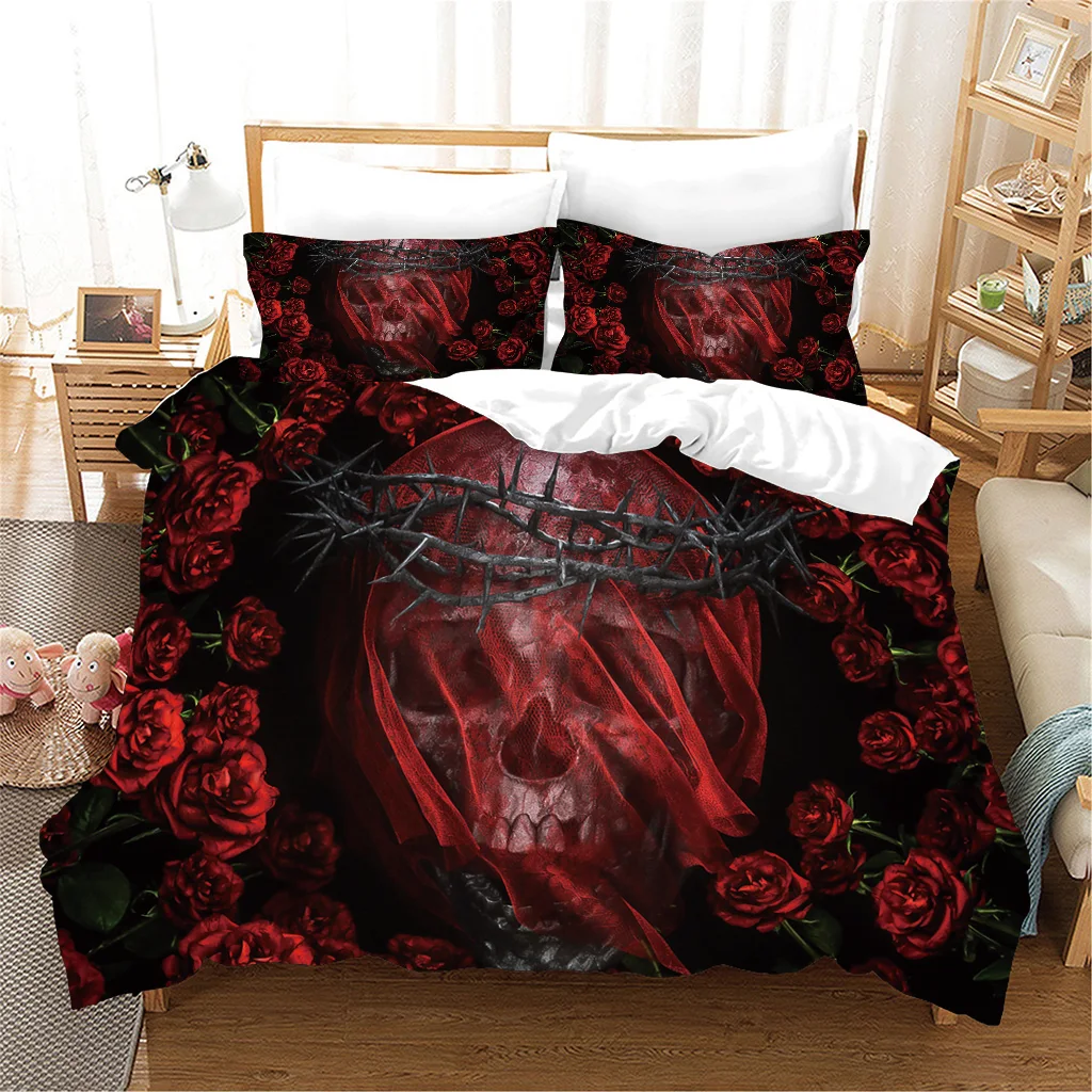 3pcs Bedding Sets 3D Print Retro Scary Skeleton Red Rose Black Dragon Bedspread Double Bed Duvet Cover Set and 2pcs Pillow cover