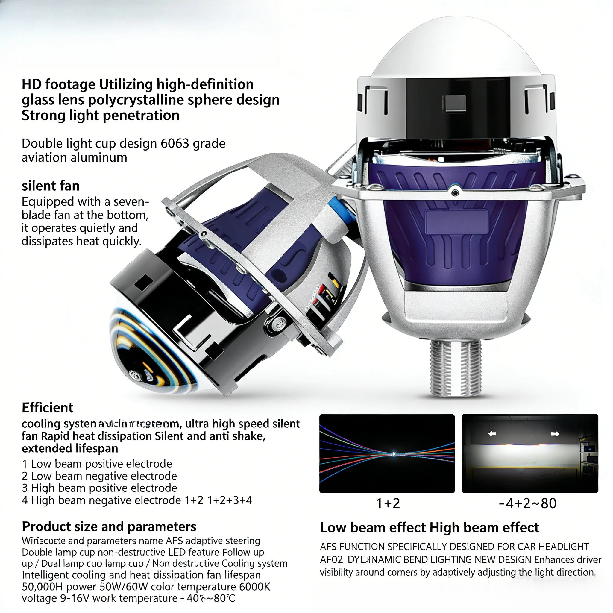 3 Inch AFS Adaptive Bi LED Projector Headlight with Halo 120W High Power Steering Function Dual Beam Plug and Play Car  Headlamp