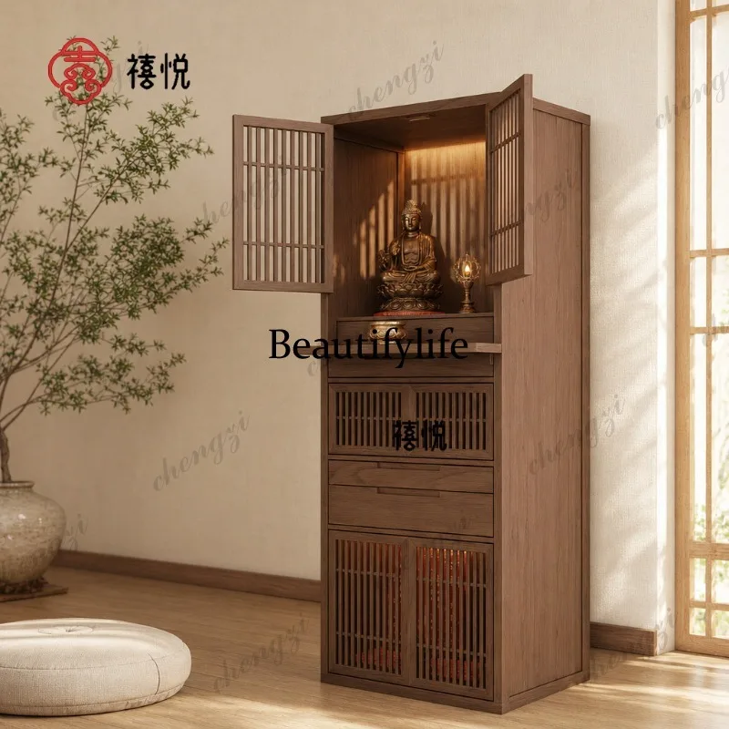 New Chinese-style altar serving table ash wood household solid wood double-layer vertical cabinet Buddhist altar worshiping
