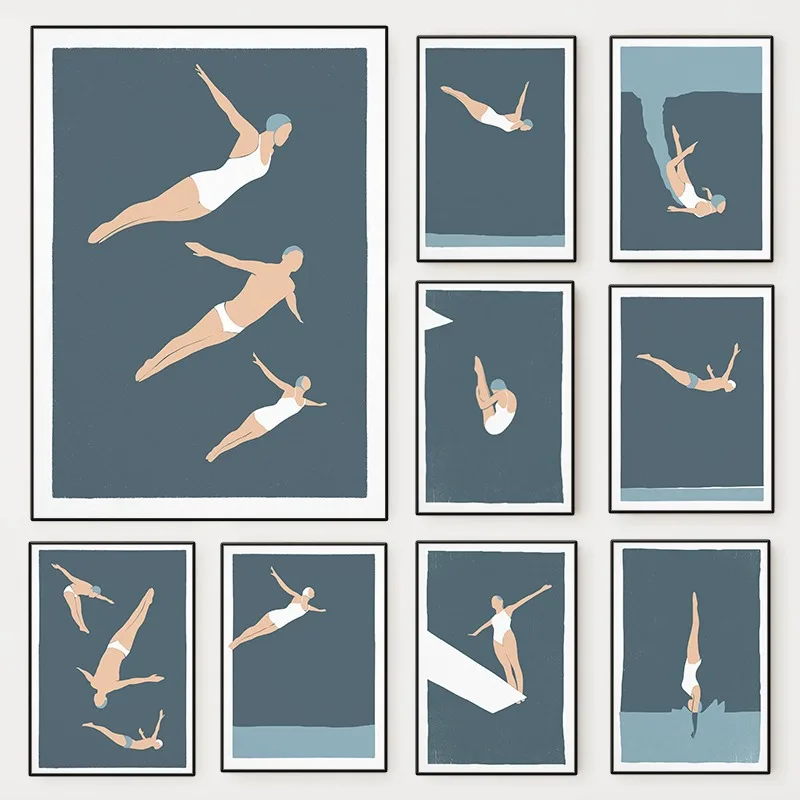 1pc frameless Vintage Minimalist Swimming and Woman Diving Poster Print Canvas Wall Art for Living Room Home Decor Gift for Swim
