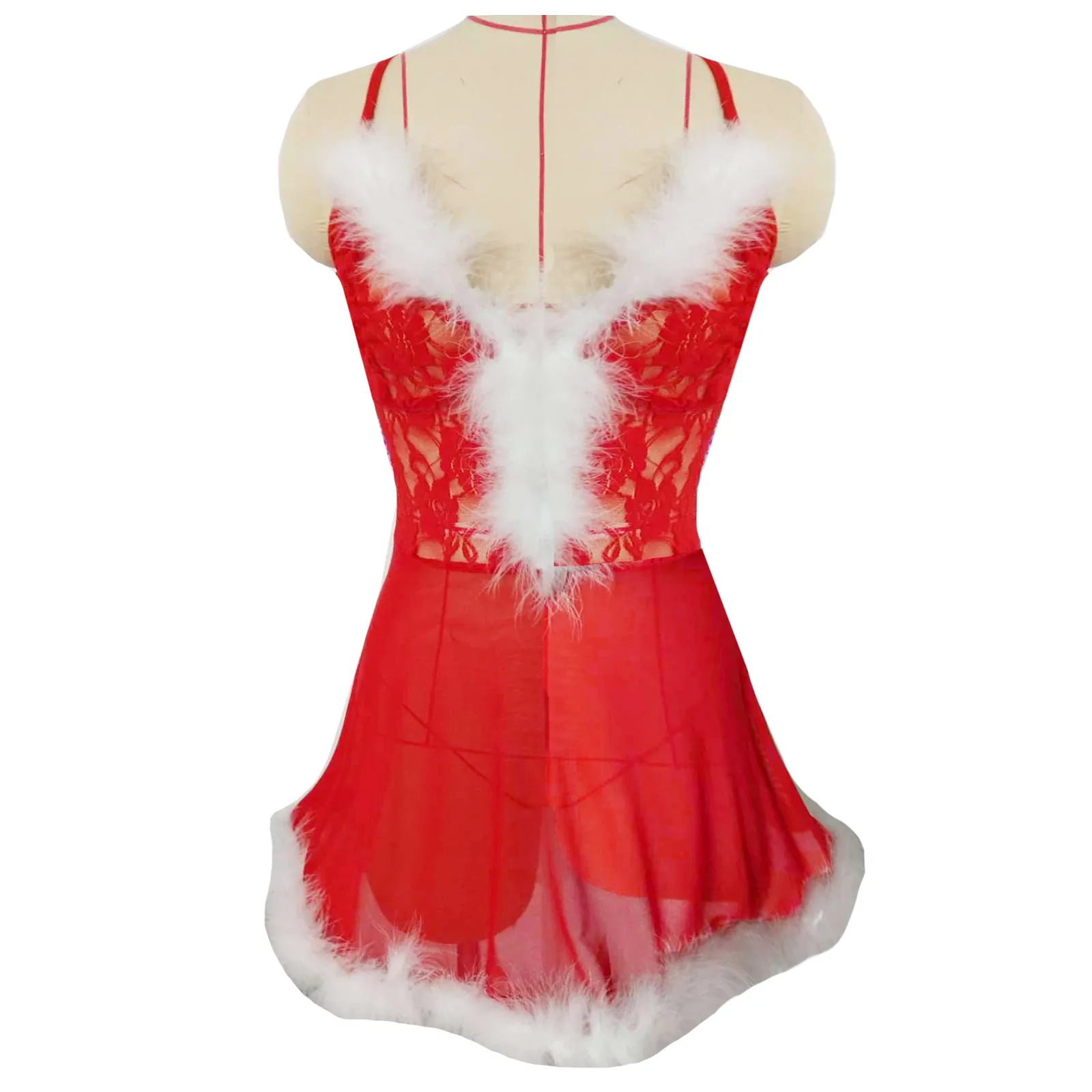 Red White Fur Trim Dress Costume Women Christmas Party Lingerie Halter Neck Short Skirt Roleplay Outfit Holiday Nightwear T1 - view 5