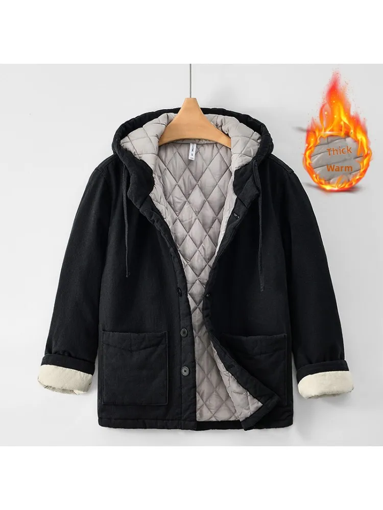 

Thiened Fce Hooded Bla Cotton Jaet Men's Autumn Winter Warm Casual Hoodie Polyester Long Sve Regular Fit