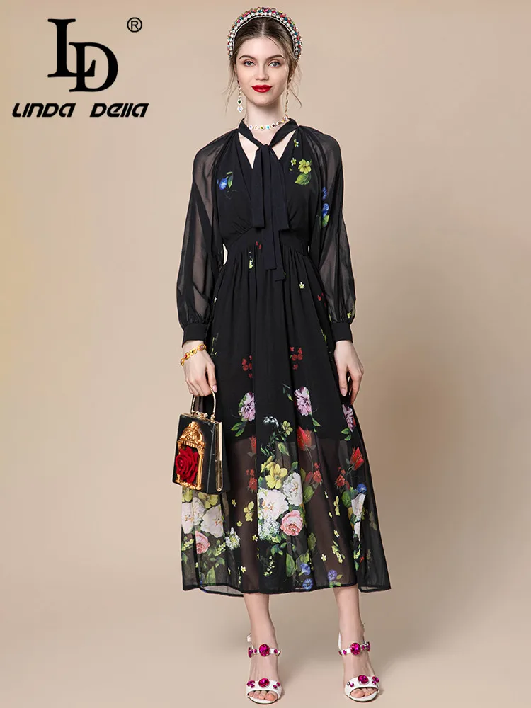 LD LINDA DELLA 2024 Italian Luxury Fashion Dress Women's Black Bow Transparent High waist Print Draped Chiffon Travel Dress