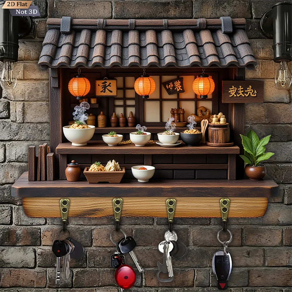 2D Flat, 1pc, Japanese Snack Stand Style Key Hook, Wooden Multifunctional Home House Key Hook, with Four Metal Hooks, Wall