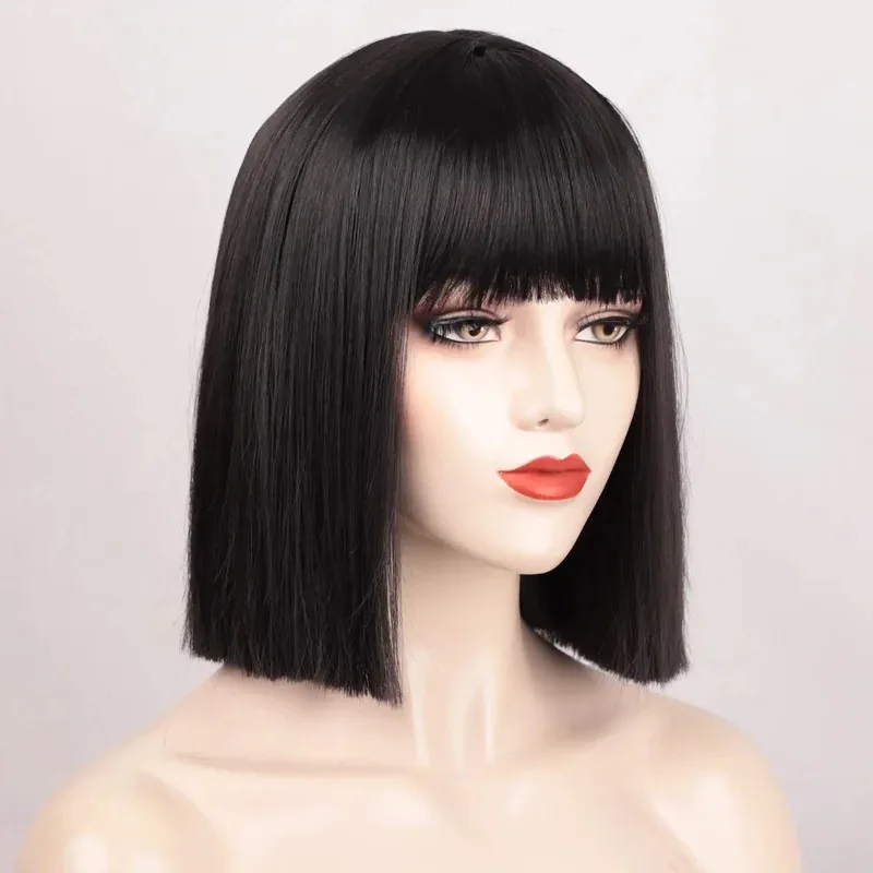 Black Bob Wig with Bangs Short Black Wig for Women Straight Bob Wigs Heat Resistant Synthetic wig Mia Wallace Cleopatra Cospaly