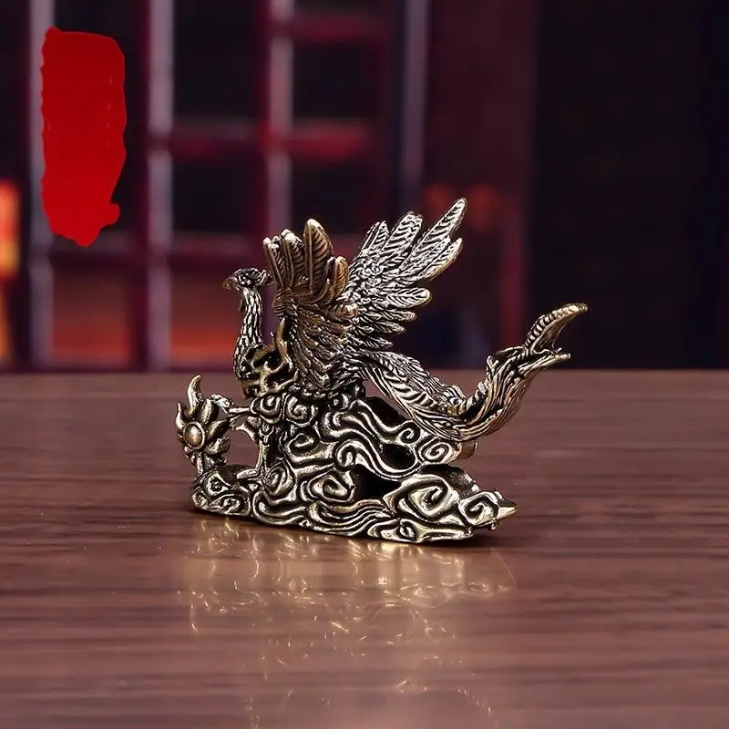 New! 1Pcs Phoenix Blessing Display Figurine Pure Brass Desktop Ornaments Small Decorative Item Tea Ceremony Good Luck Craft Gift