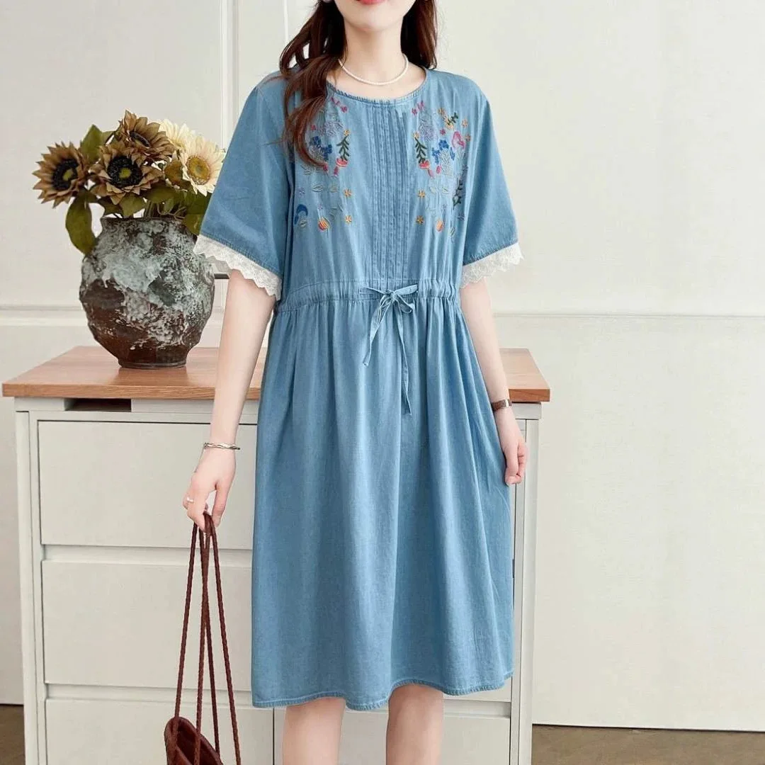 Japanese Vintage Mori Girl Lace Floral Embroidery Cotton Dress Women Short Sleeve Drawstring Waist Casual Loose Denim Dresses