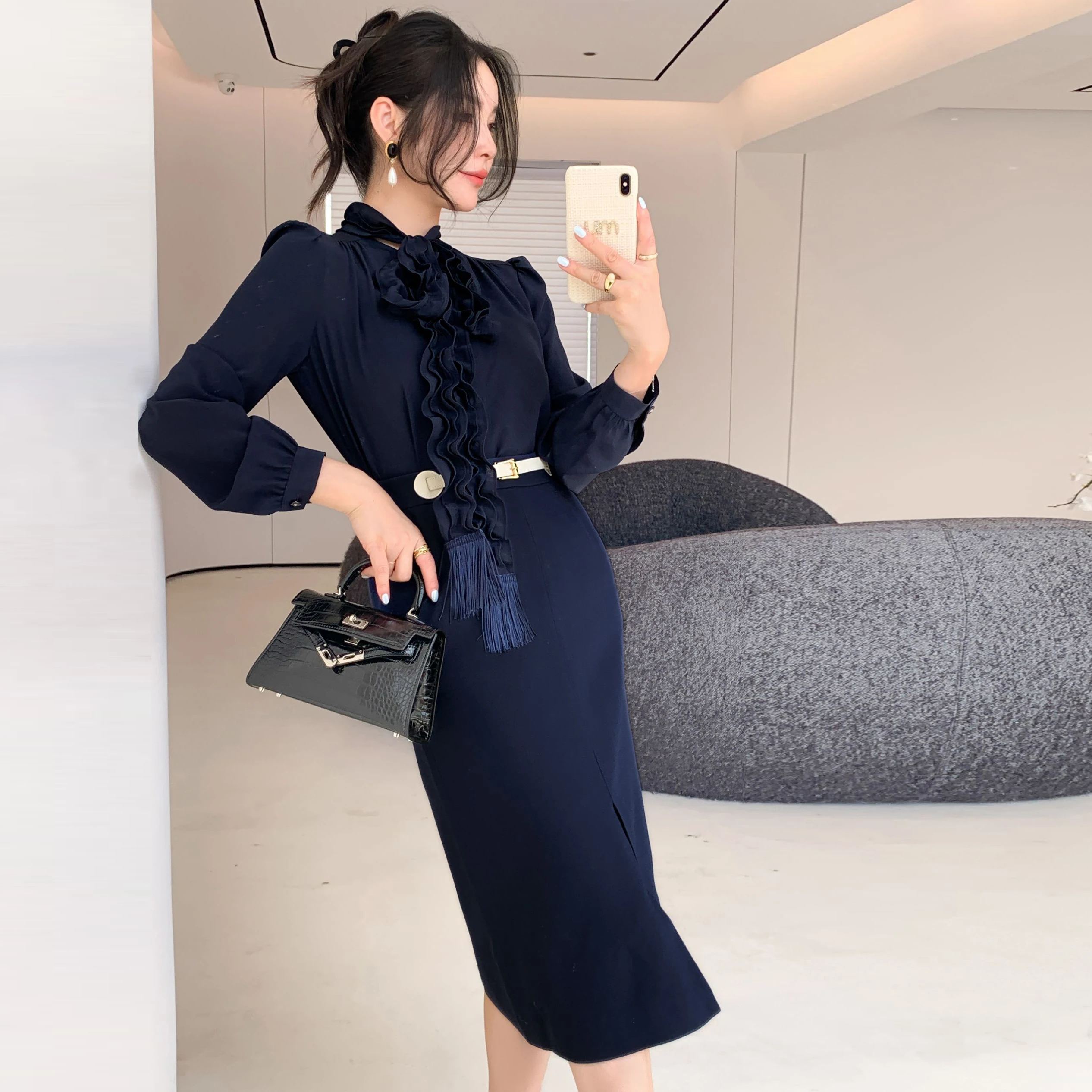 

Элегантная женская юбка с высокой талией, облегающая, винтажная, в стиле Хепберн, с разрезом, из шелковой смеси, для взрослых, модный комплект