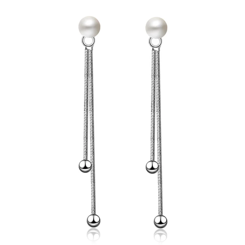 

925 Sterling Silver Earrings Long Tassel Pearl Beads Earrings Ladies Fashion Simple Birthday Wedding Anniversary Jewelry Gift