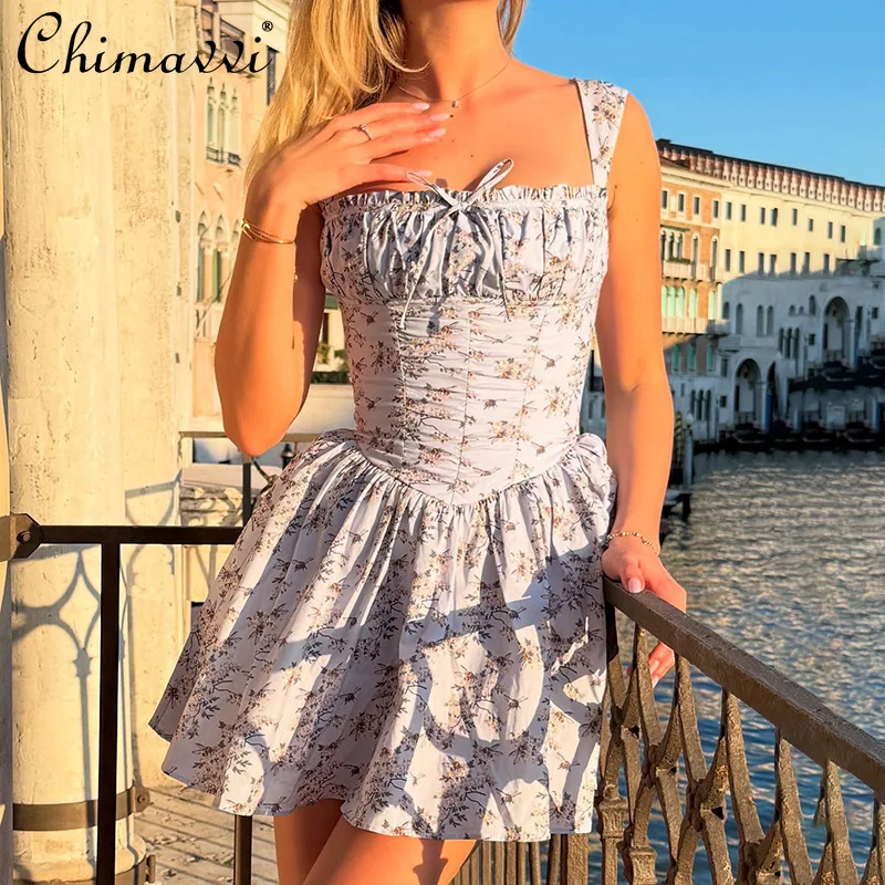 

French Elegant Sweet Floral Short Dresses Sexy Fashion Bowknot Sleeveless Backless High Waist A-line Mini Dress for Women Summer