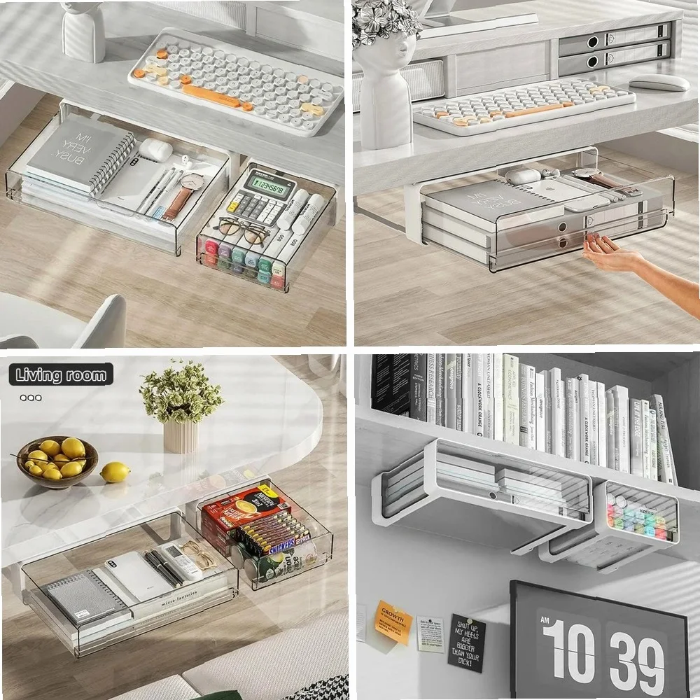 Under-Table Drawer Storage Box, Self-Adhesive Hidden Drawer for Office Desk, Cosmetics & Stationery Organizer Rack
