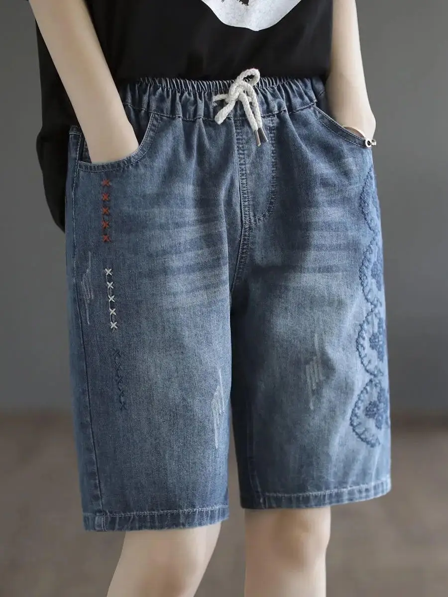 Retro Embroidered Denim Shorts Women's Summer Thin Straight Harem Pants Loose Slimming Five-Quarter Length High Waist Jeans