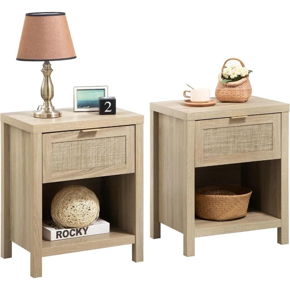 Rattan Nightstands Set of 2, Night Stands with Drawer Bedside Table - Boho End T Side Table Accent for Bedroom