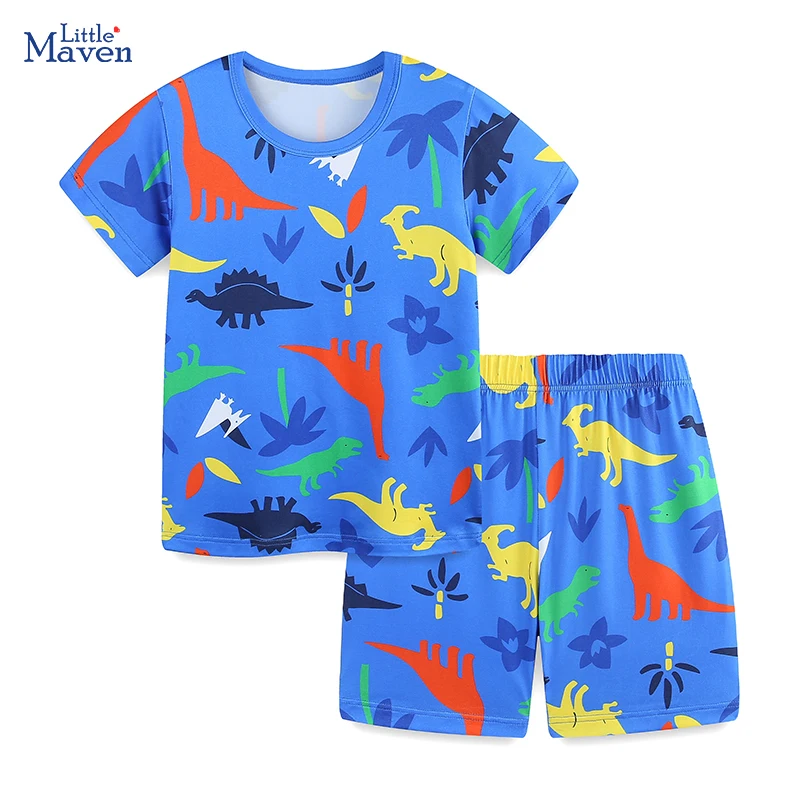 Little maven 2026 Summer Sets Baby Boys Children's Clothing Tracksuit Kids Clothes Cartoon Dinosaurs T Shirts Tops+Pants