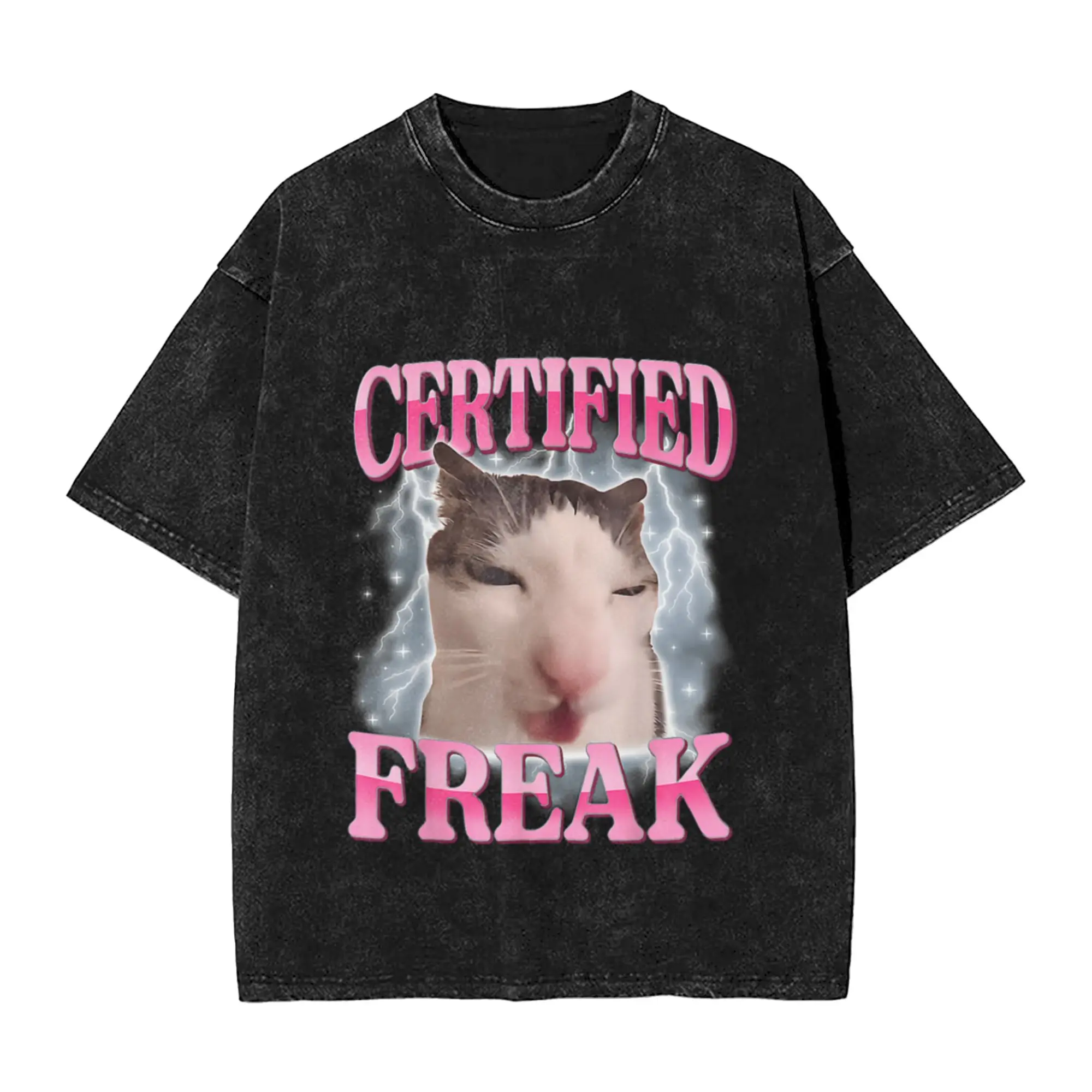 Cat Meme Greetings Huzz Funny Cat Meme Bootleg Men Women Unique Comfort A Washed T Shirt Men's Oversized Cotton Tees Tops