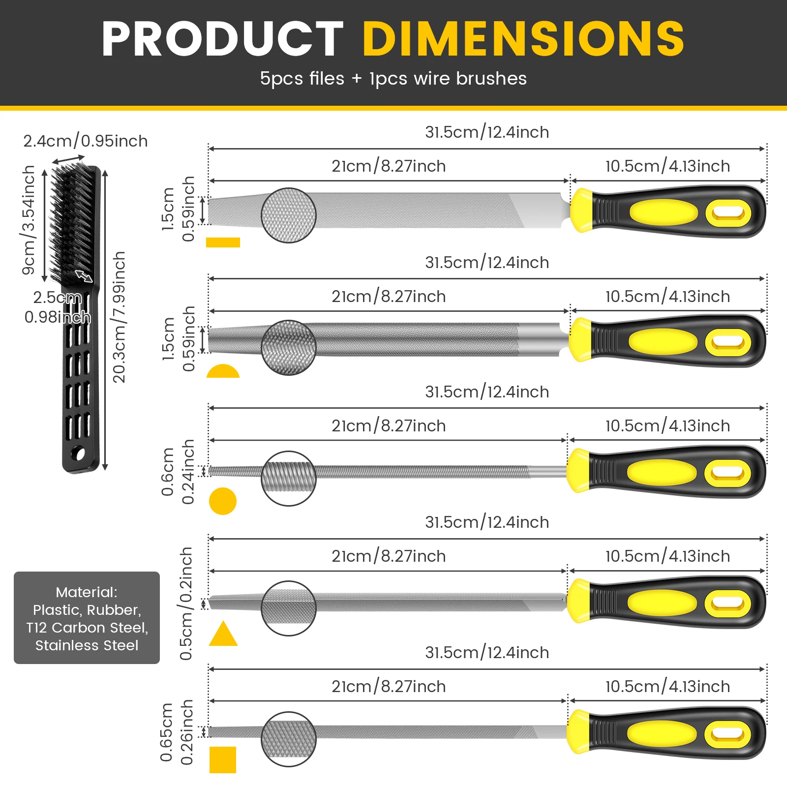 T12 Carbon Steel Fitter File Set with Wire Brush Coarse Tooth Files with Ergonomic Handle for Deburring Shaping Metal File Set