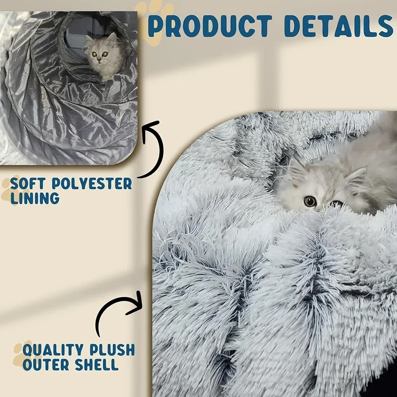 Plush Cat Tunnels Bed for Indoor Cats, Large Cat Donut Tunnel 3 Forms Peekaboo cat cave with Cushion Multifunctional Cat Toys