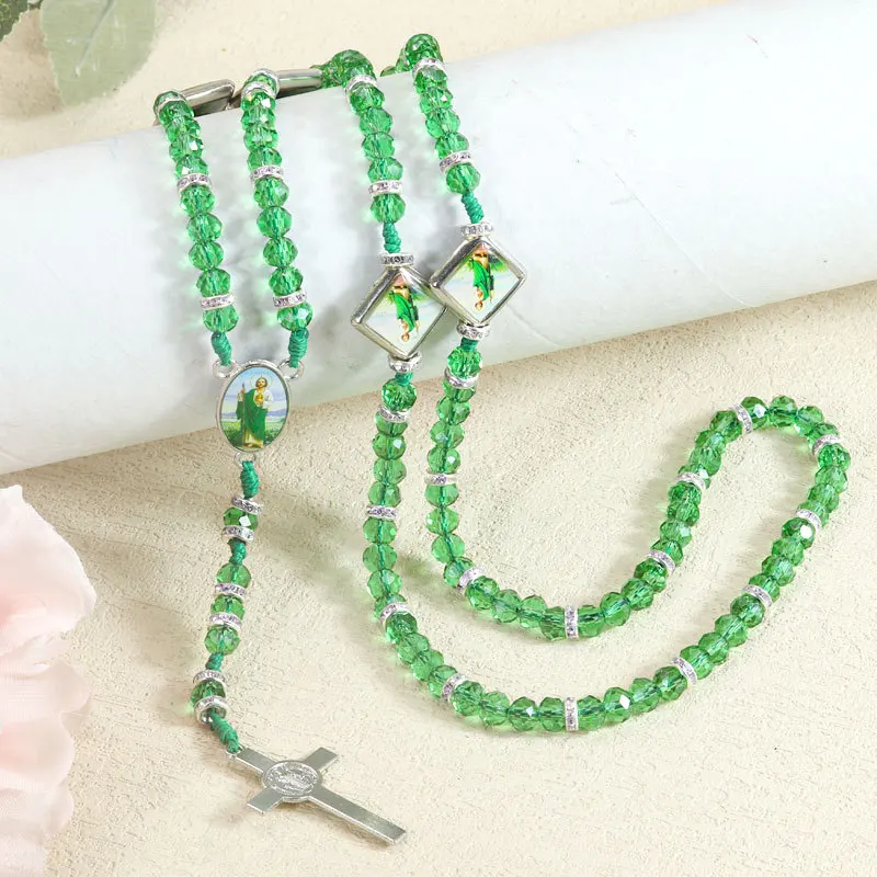 Meetvii Handmade Woven Wooden Bead Rosary Necklace with Cross Religious Catholic Prayer Decoration Necklace Jewelry