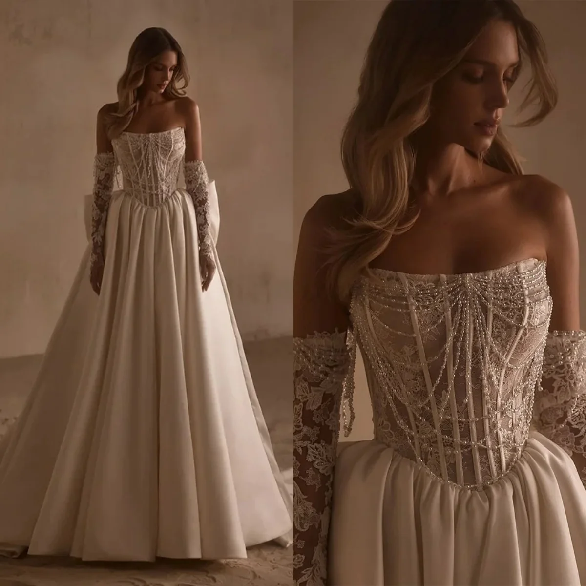 Vintage Women Wedding Dress Strapless Removable Sleeveless Bridal Gowns Lace Beading Sweep Train Dress Customized