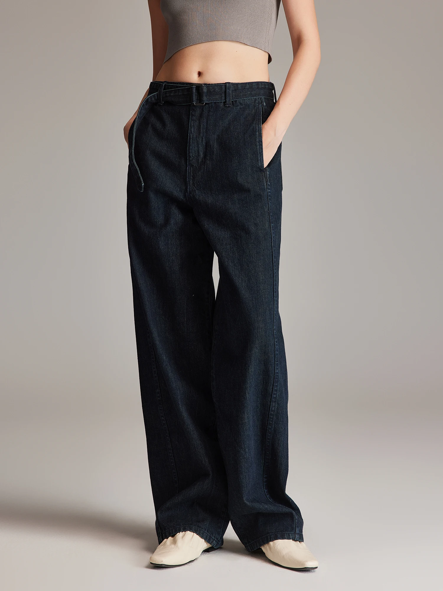 

LPBC Luxury Leisure Dad Jeans High Waist Straight Leg Blue Denim Belted Slimming Effect Casual Style for Women