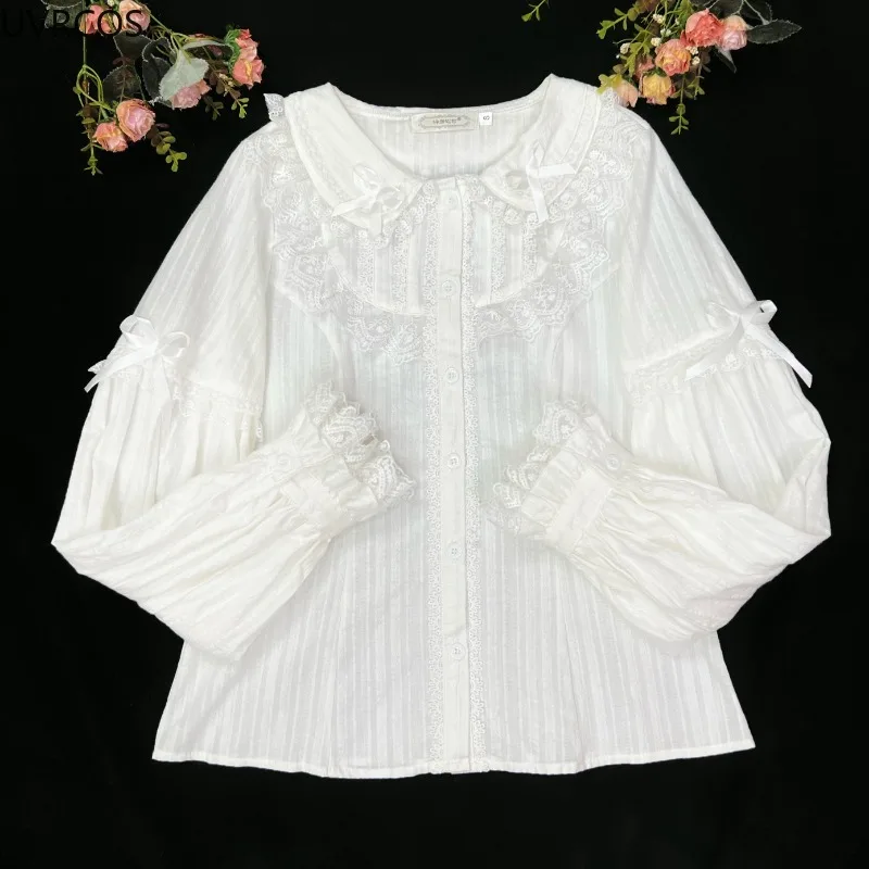 Kawaii Cute Lolita Style Shirts Women Japanese Victorian Retro Elegant Lace Patchwork Bow Blouses Female Elegant Cute Inside Top