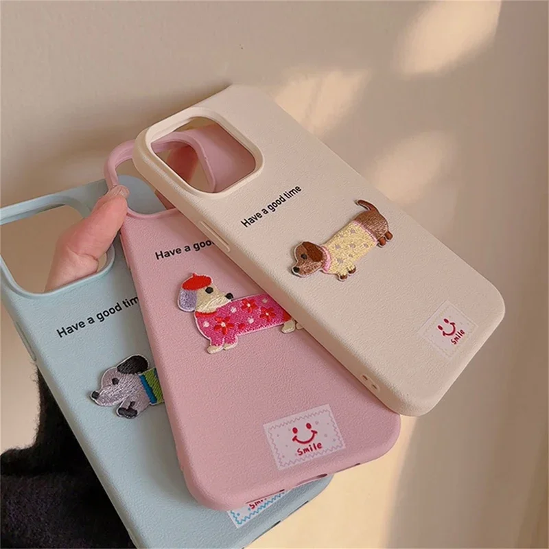 Korean Cute Cartoon Dachshund Litchi Pattern Phone Case For iPhone 15 14 13 12 16 Pro Max 11 Lovely Shockproof Soft Cover Funda image 4