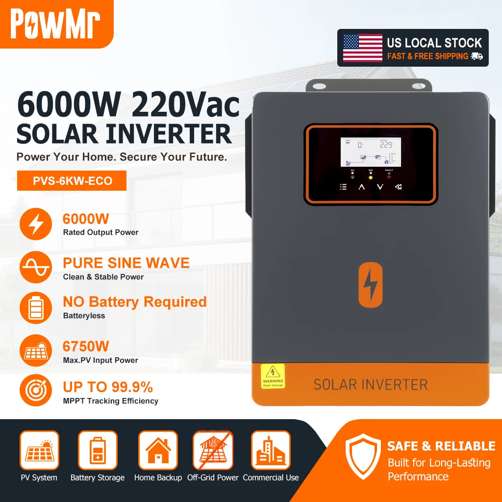 PowMr 6KW 220VAC Batteryless Hybrid Solar Inverter Pure Sine Wave Dual MPPT 6750W 500V PV Input Off Grid On Grid Solar Energy Storage Inverter for Home Residential Solar Power System