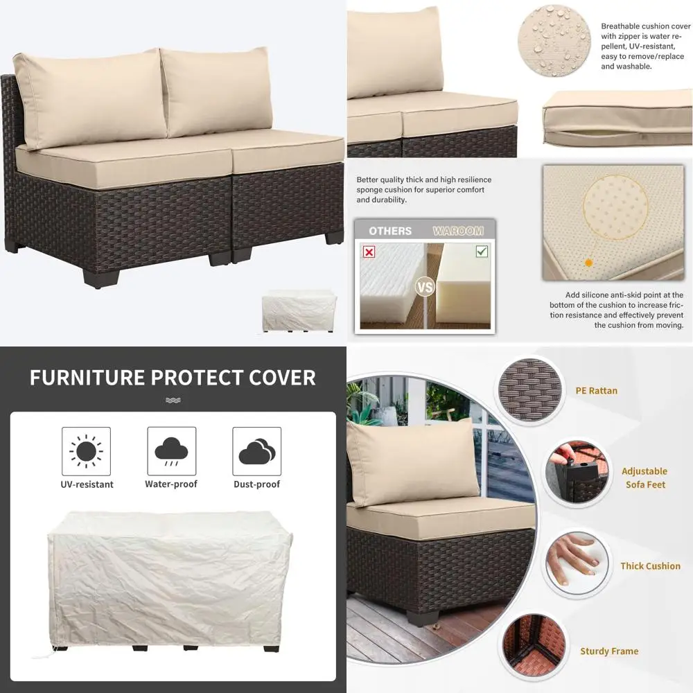 

Комплект мебели для патио из ротанга из 2 предметов со стульями без подлокотников и подушками цвета хаки — коричневый плетеный уличный диван для отдыха в саду