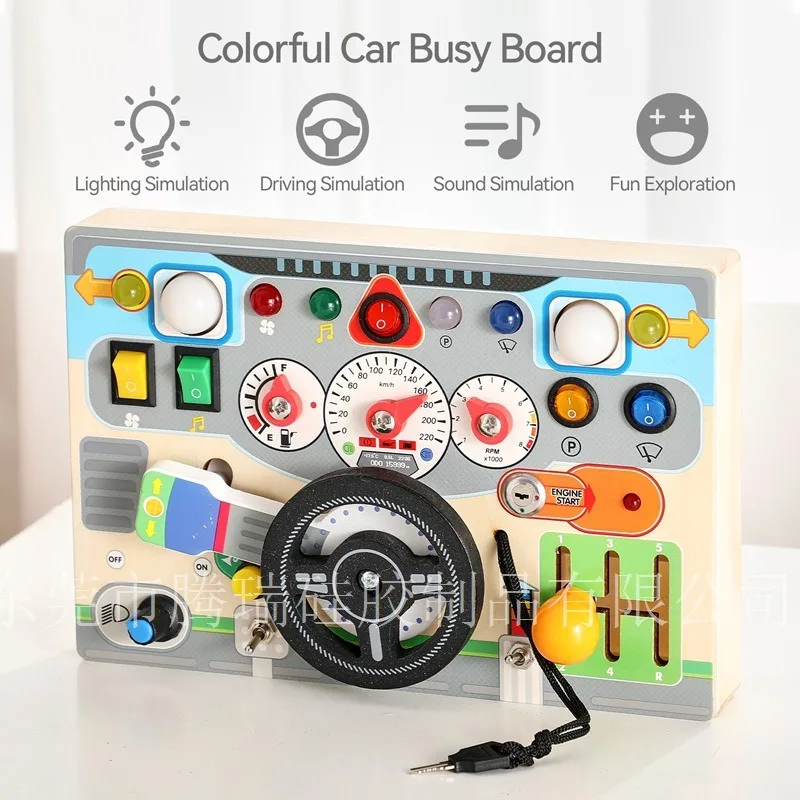 

Wooden Car Busy Board with Lighting Driving and Sound Simulation Montessori Sensory Toy for Toddlers Fine Motor Skills