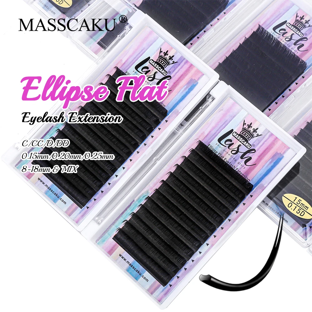 

Wholesale MASSCAKU Premium Korean PBT Material Soft Lightweight Eyelash Extensions 0.15/0.20 C D Curl Ellipse Flat Lash Supplies