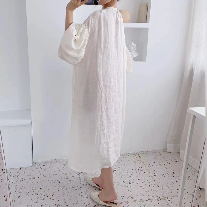 Johnature New Vintage Patchwork Lace Linen Dresses For Women 2024 Summer Loose Lantern Sleeve Solid Color Female Dress