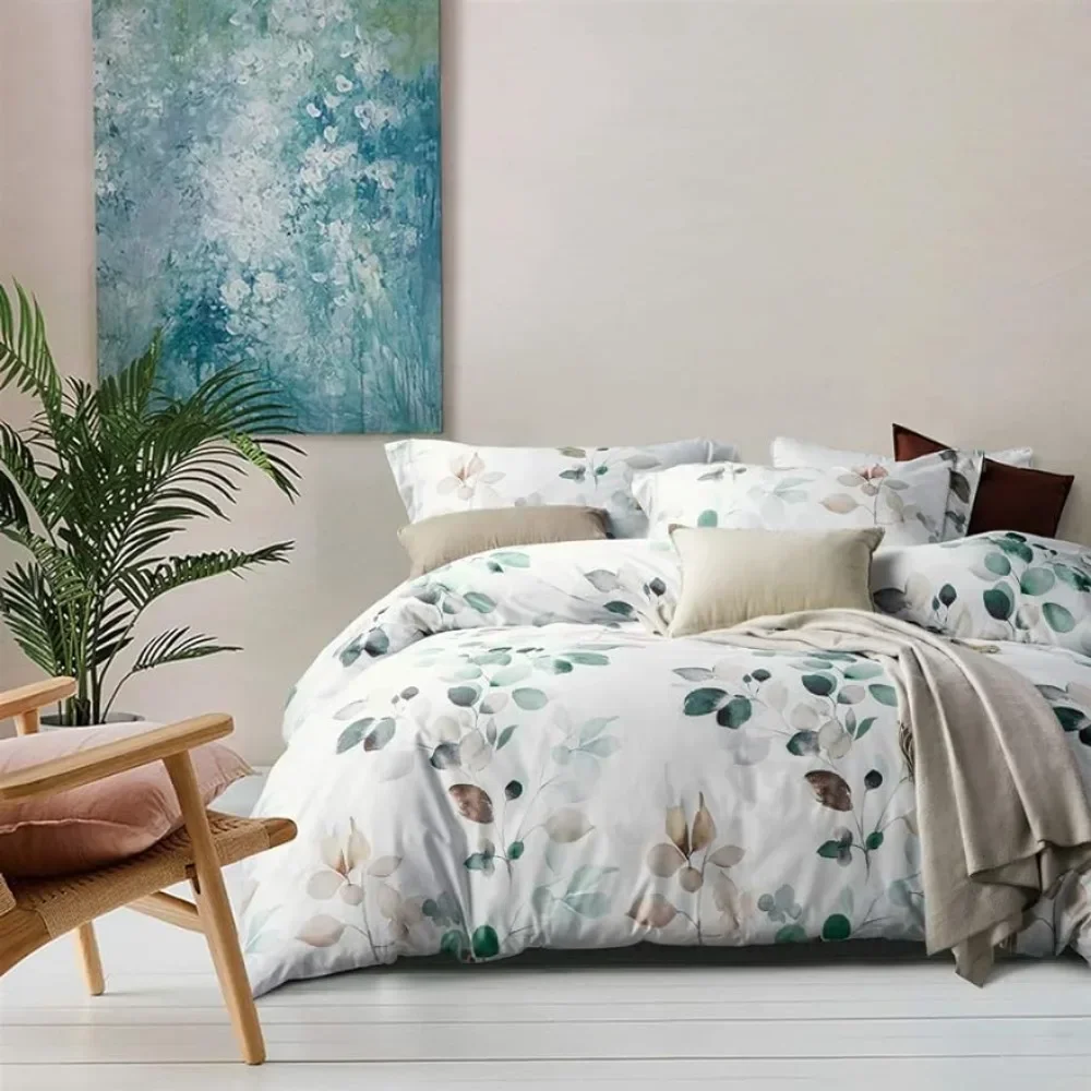 

Super soft, breathable chic duvet cover for all seasons, gradient teal leaf pattern bedding set of 3, 100% cotton down