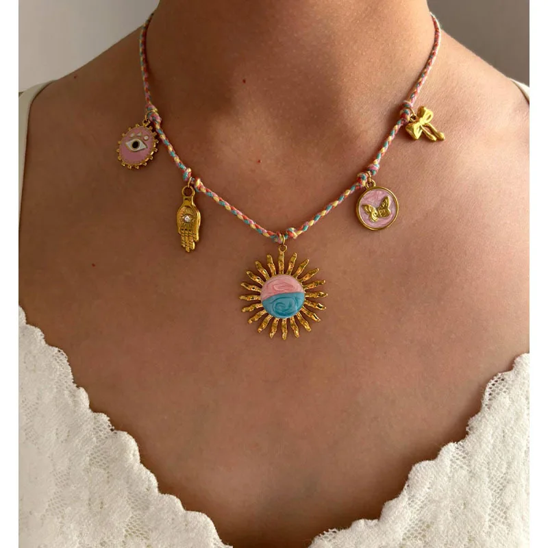 European American Stainless Steel Sun All Seeing Eye Bow Multi Pendant Minimal Elegant Titanium Steel Necklace For Women Cross