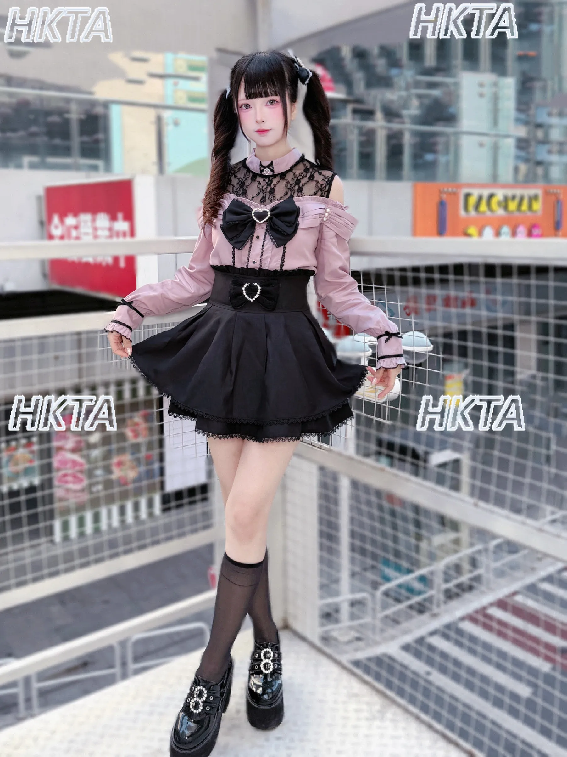 Japanese Mass Produced Sweet Lolita Crew Neck Pleated Bow Lace Off The Shoulder Shirts Top Thin A Line Skirts Black Sets Women