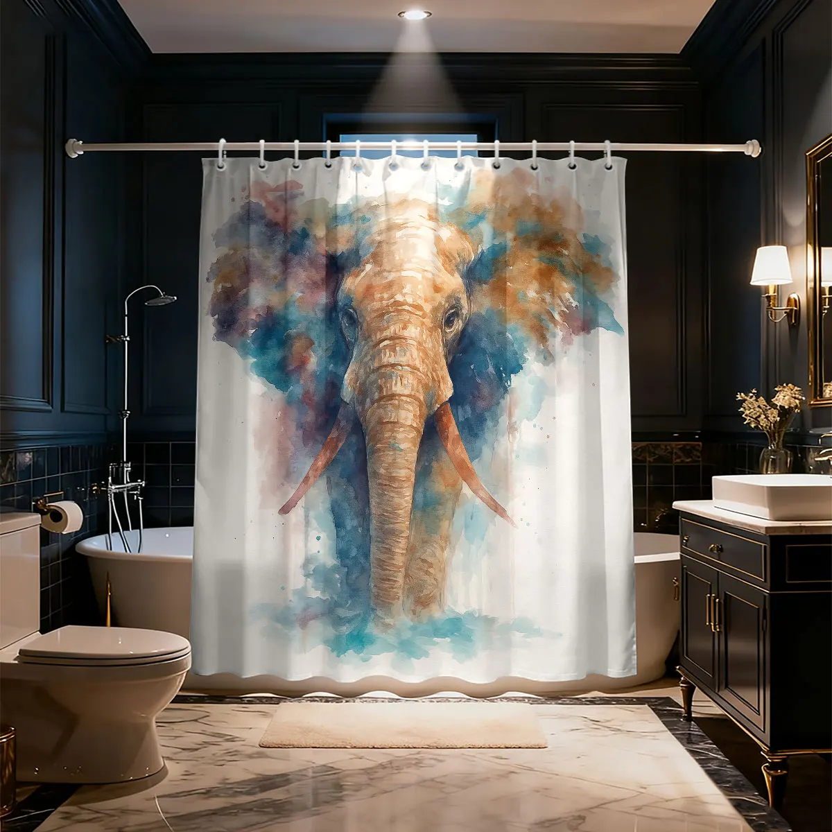 1 piece waterproof shower curtain with an elephant pattern, featuring 12 hooks can be machine-washed (rod not included)