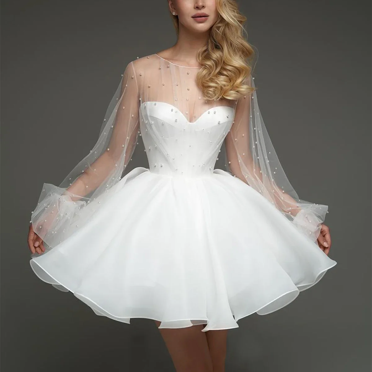 Simple Organza Short Wedding Dresses For Bride 2027 Pearl Puffy Sleeves A-line For Women Vestidos Novia Mini Bridal Party Gown